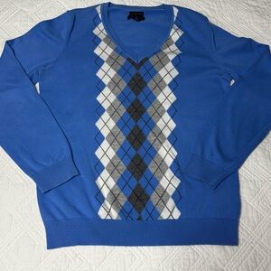 Tommy Hilfiger Women’s Blue and Gray Argyle V-Neck Sweater Size Large